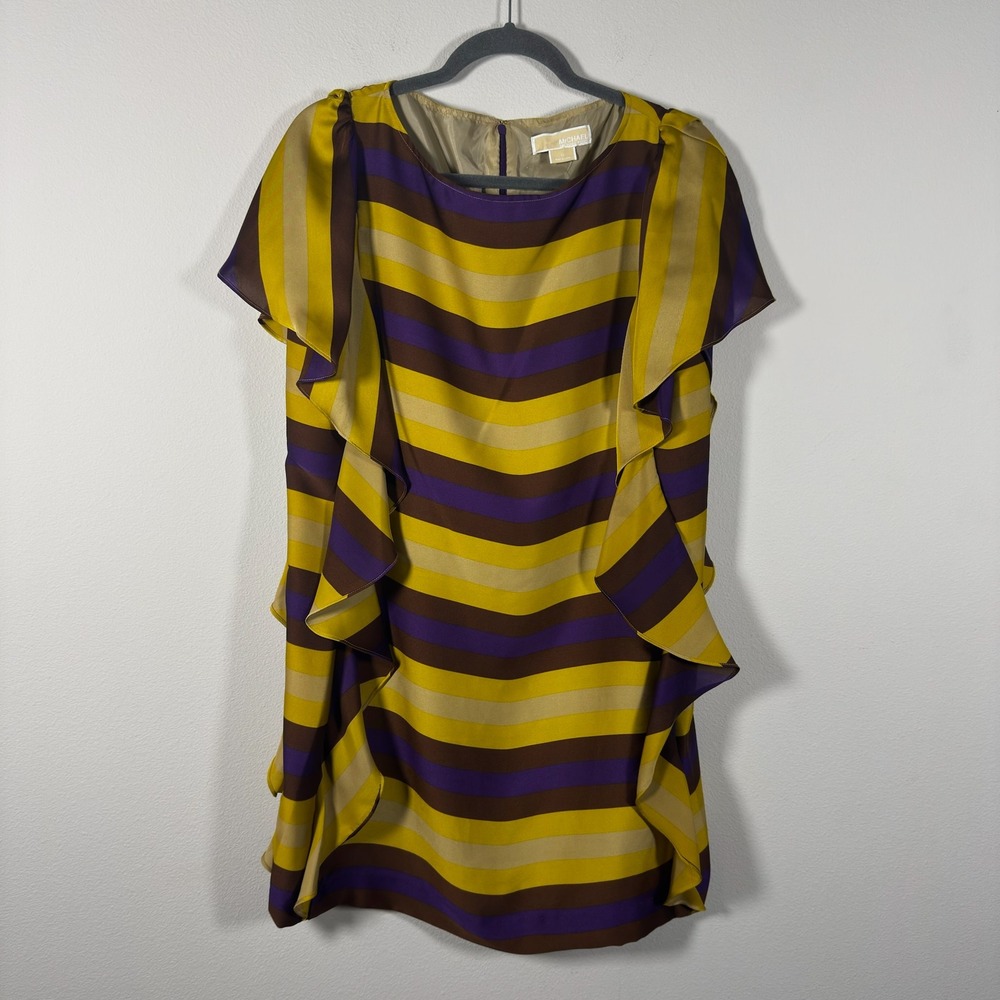 Michael Michael Kors Striped Ruffle Shift Dress Imperial Purple Gold QF08047BX3